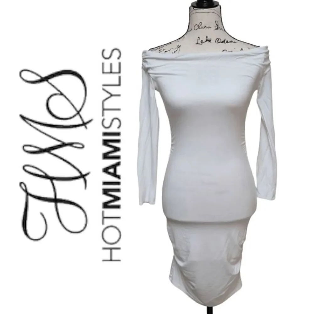 🤍 HOT MIAMI STYLES Off Shoulders Bodycon White Long Sleeve Dress SIZE XS
